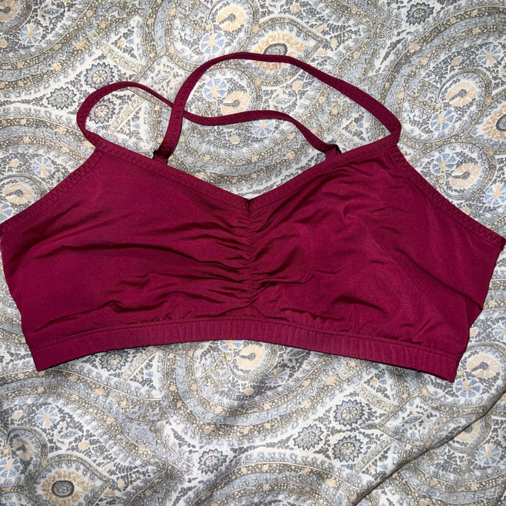 Handful sports bra in berry, adjustable criss-cross straps